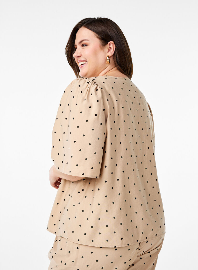 Bluse med løse ærmer og v-hals, Beige, Model image number 2