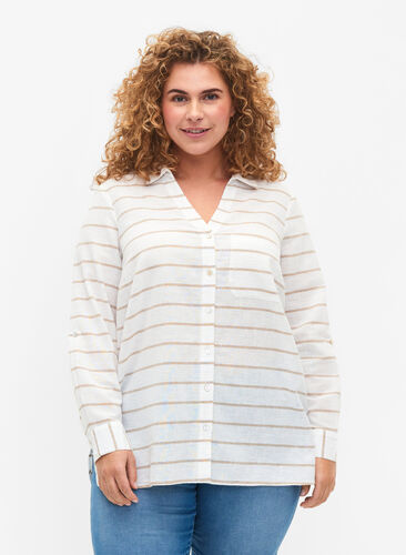 Skjortebluse med knaplukning, White Taupe Stripe, Model image number 0