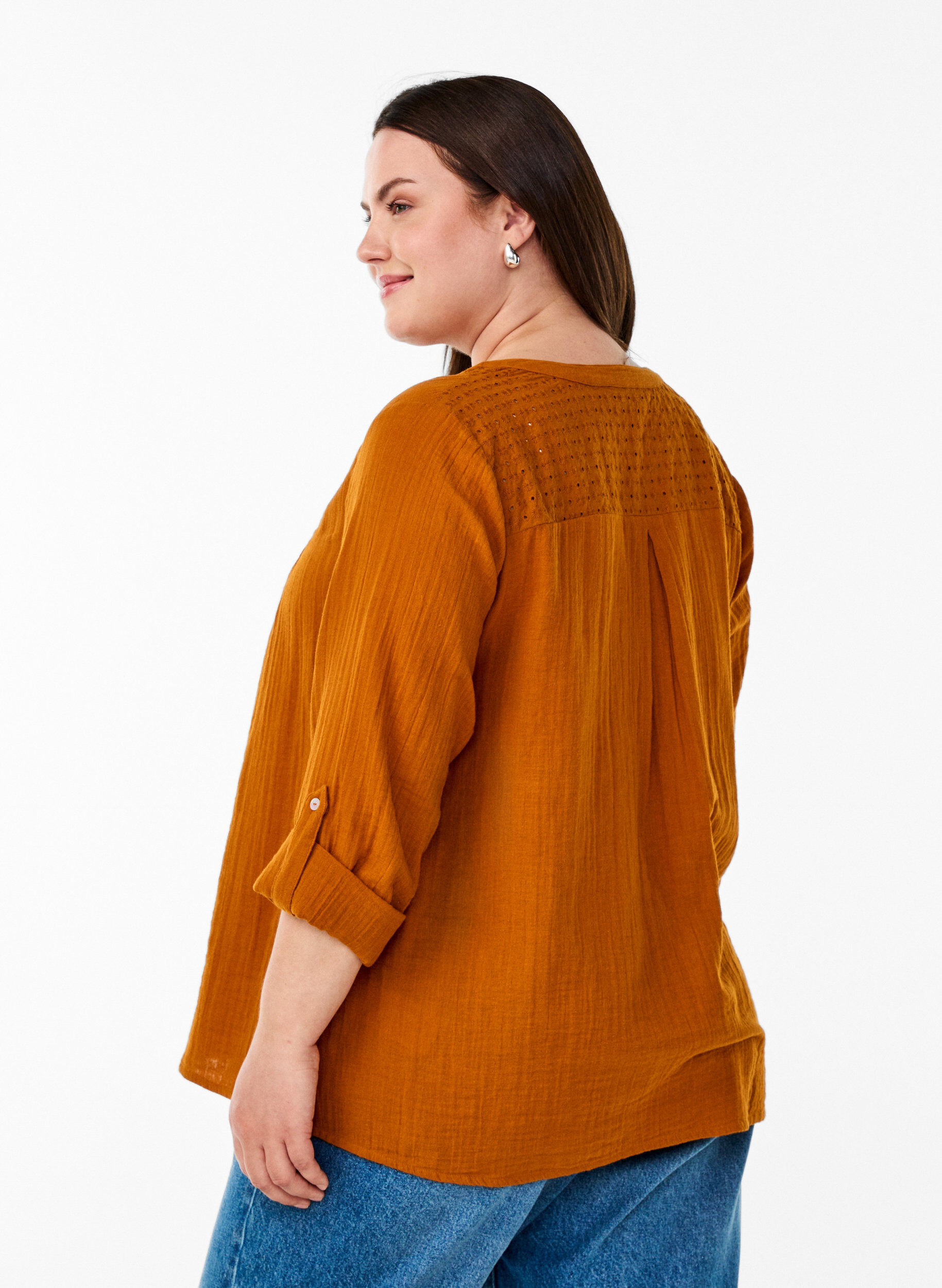 ZizziBluse i bomuldsmusselin med broderi anglaise, Orange, Model image number 2