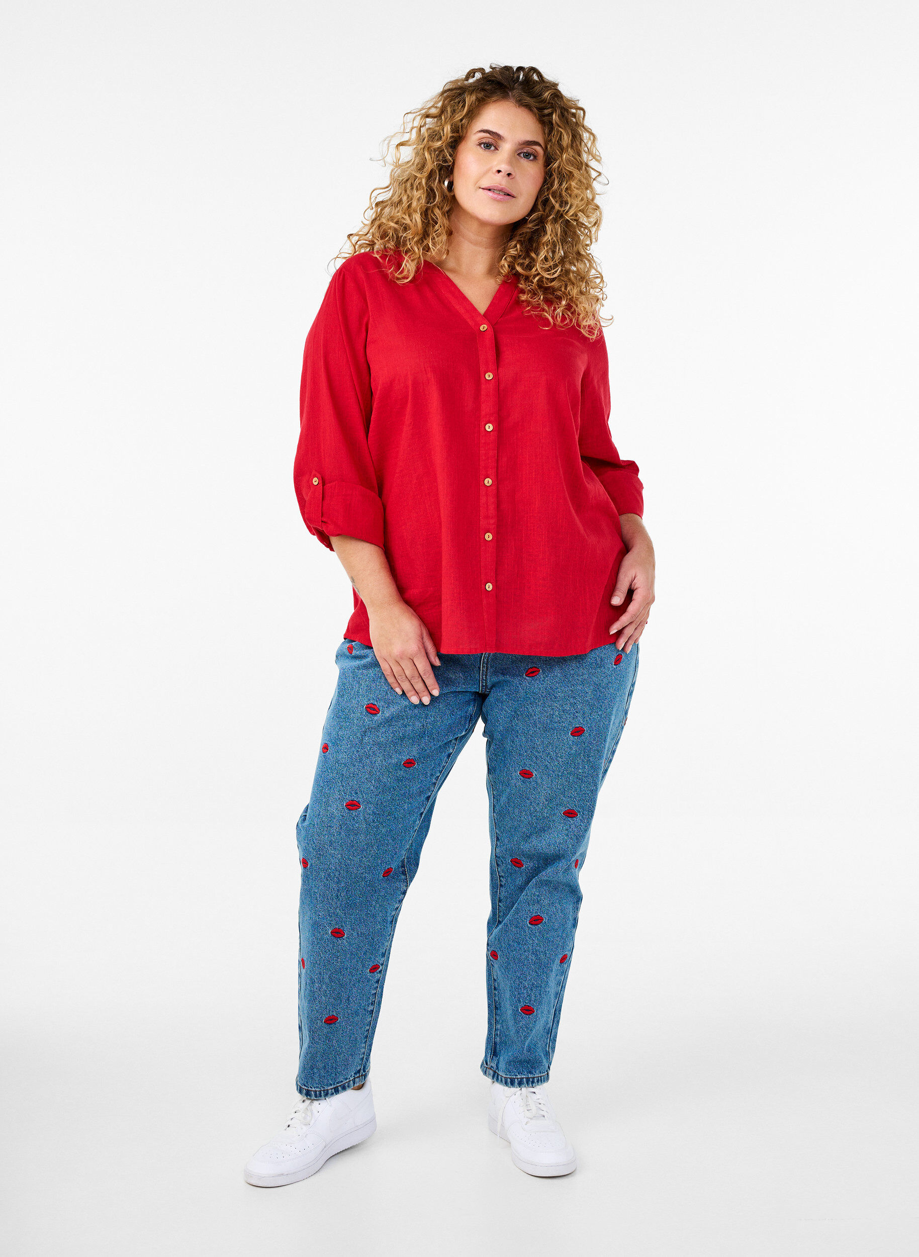 ZizziSkjortebluse i bomuld med v-udsk&aelig;ring, R&oslash;d, Model image number 1
