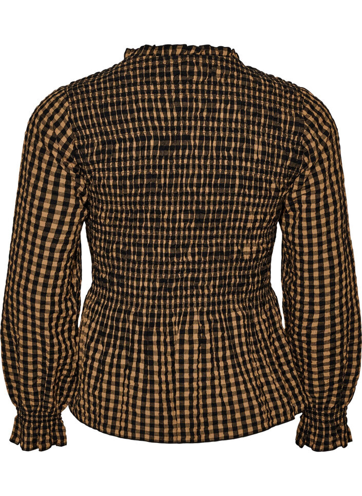 Ternet bluse med smock og peplum, Brun, Packshot image number 1