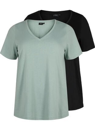 2-pak t-shirt med v-udskæring, Chinois Green/Black, Packshot image number 0