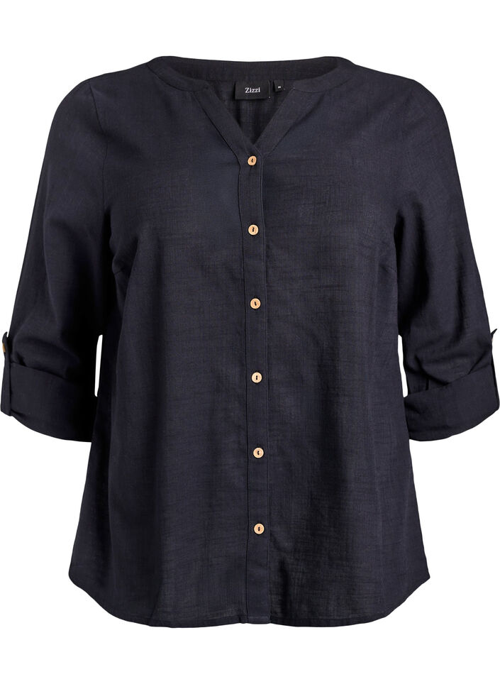 Skjortebluse i bomuld med V-udsk&aelig;ring, Sort, Packshot image number 0