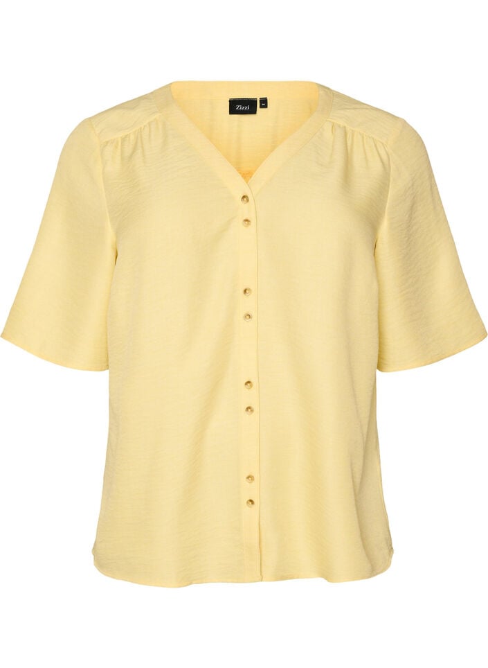 Skjortebluse med v-hals og korte &aelig;rmer, Gul, Packshot image number 0