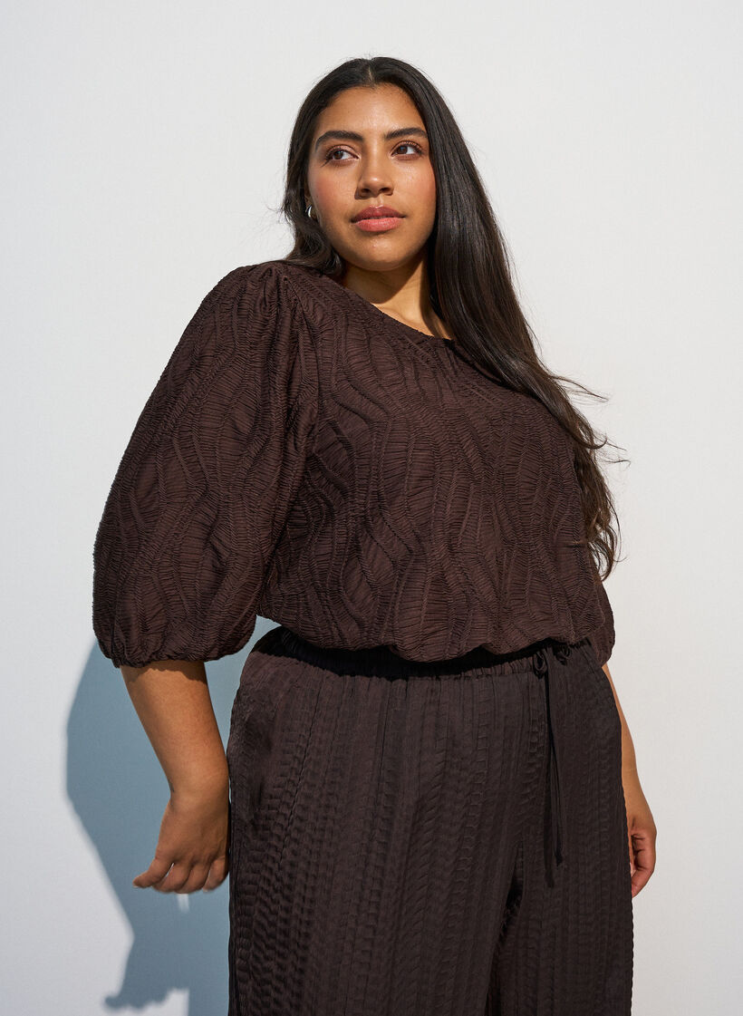 Bluse med tekstur og 3/4 &aelig;rmer, Brun, Model image number 0