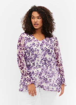 Blomstret bluse med lange ærmer og v-hals, Beige/Purple Flower, Model image number 0