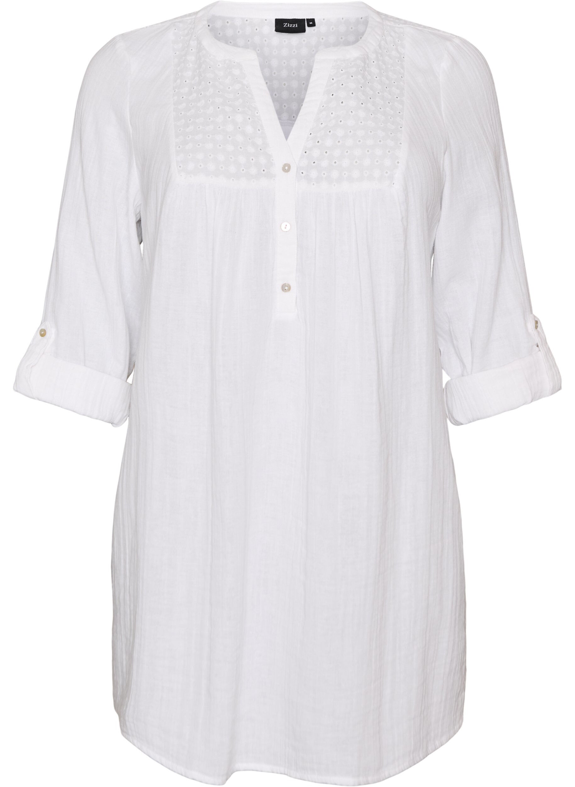 ZizziTunika i bomuldsmusselin med broderi anglaise, Hvid, Packshot image number 0