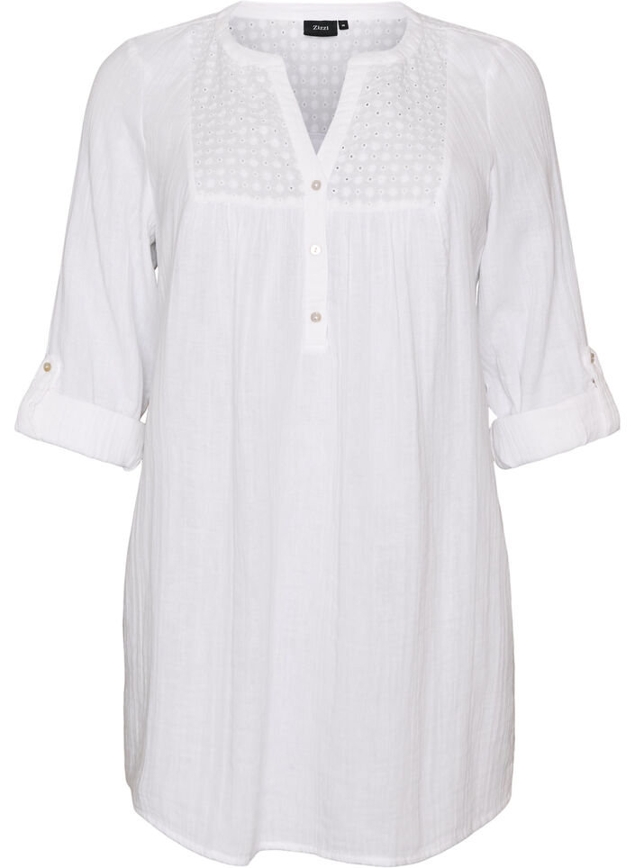 Tunika i bomuldsmusselin med broderi anglaise, Hvid, Packshot image number 0