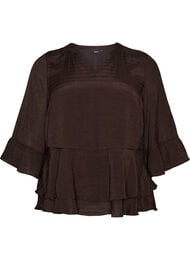Bluse med 3/4-&aelig;rmer og fl&aelig;sedetaljer, Brun