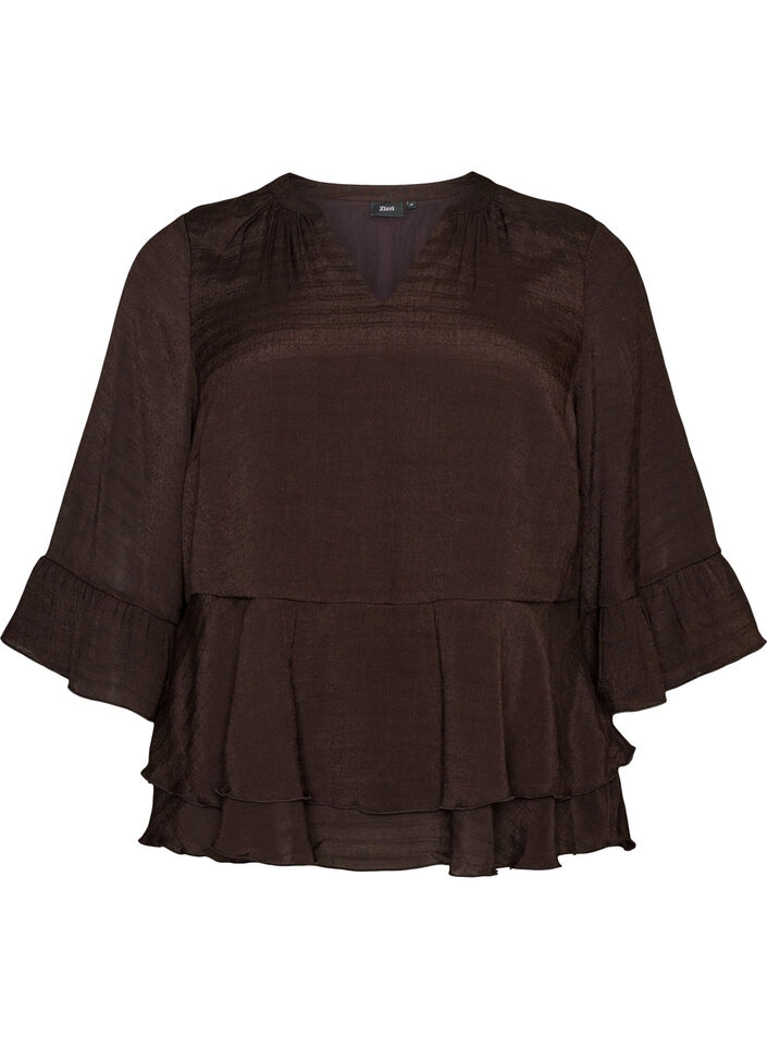Bluse med 3/4-&aelig;rmer og fl&aelig;sedetaljer, Brun, Packshot image number 0