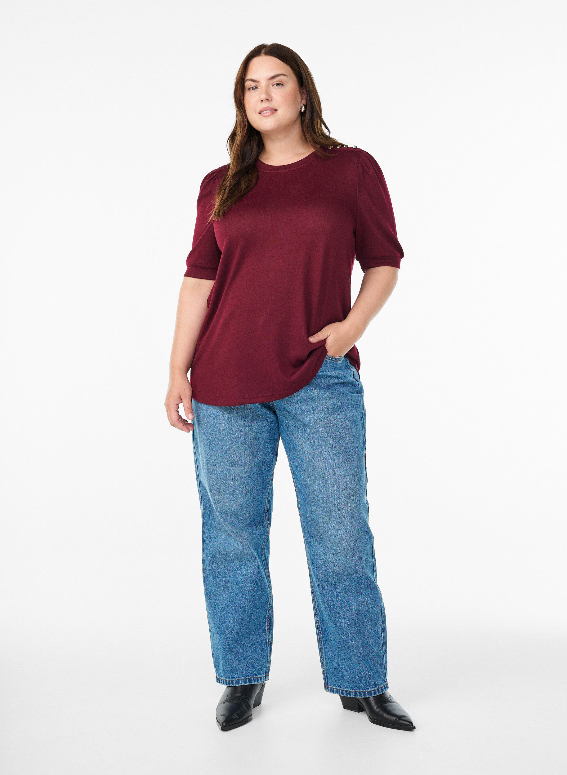 ZizziBluse med knapdetalje og korte puf&aelig;rmer, M&oslash;rk Bordeaux, Model image number 1