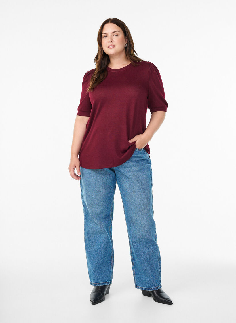Bluse med knapdetalje og korte puf&aelig;rmer, M&oslash;rk Bordeaux, Model image number 1