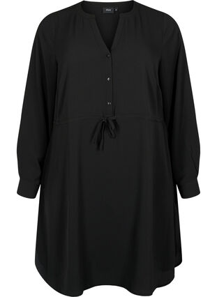 Printet kjole med snøre i taljen, Black, Packshot image number 0