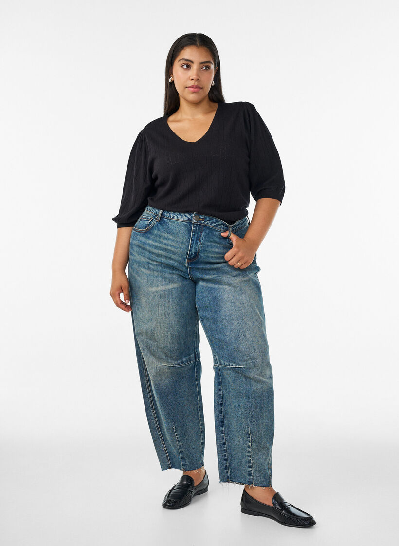 Kort&aelig;rmet strikbluse med pointellem&oslash;nster, Sort, Model image number 1