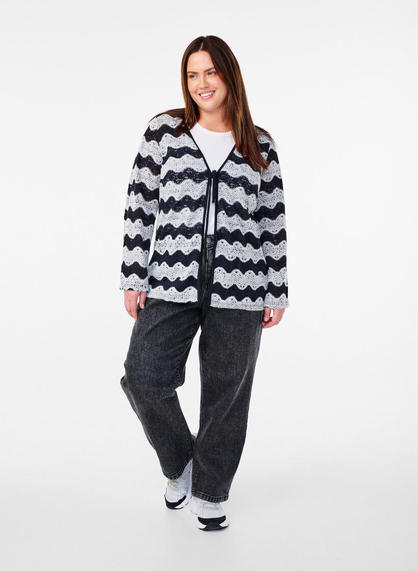 Strikcardigan med bølgemønster, Black Stripe, Model image number 2