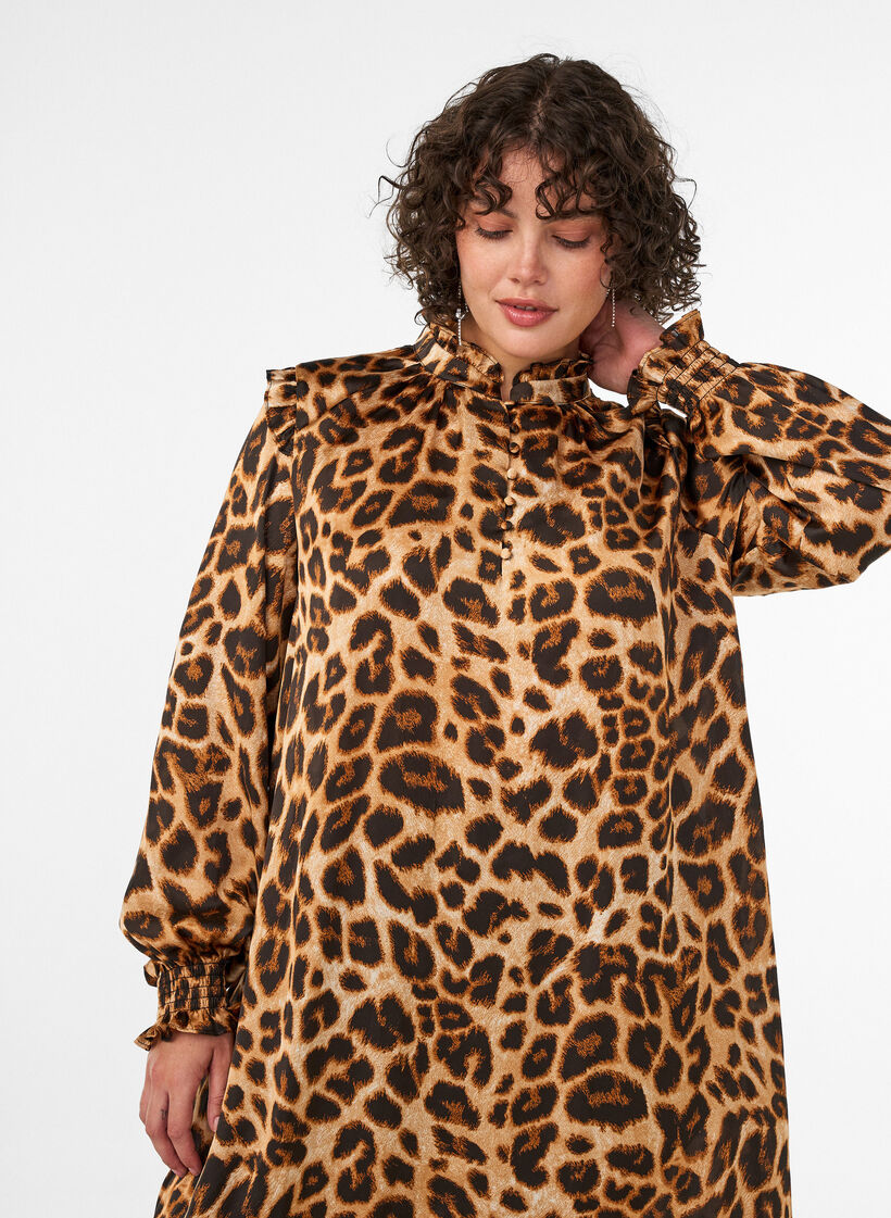 Kjole med leopardprint og fl&aelig;sedetaljer, Brun, Model image number 2
