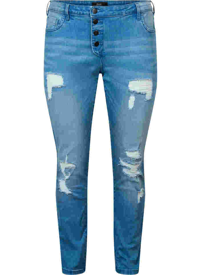 Ripped Emily jeans med regulær talje, Blue denim, Packshot image number 0