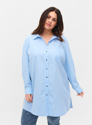 Lang bomuldskjorte med tryk på ryggen, Chambray Blue, Model image number 1