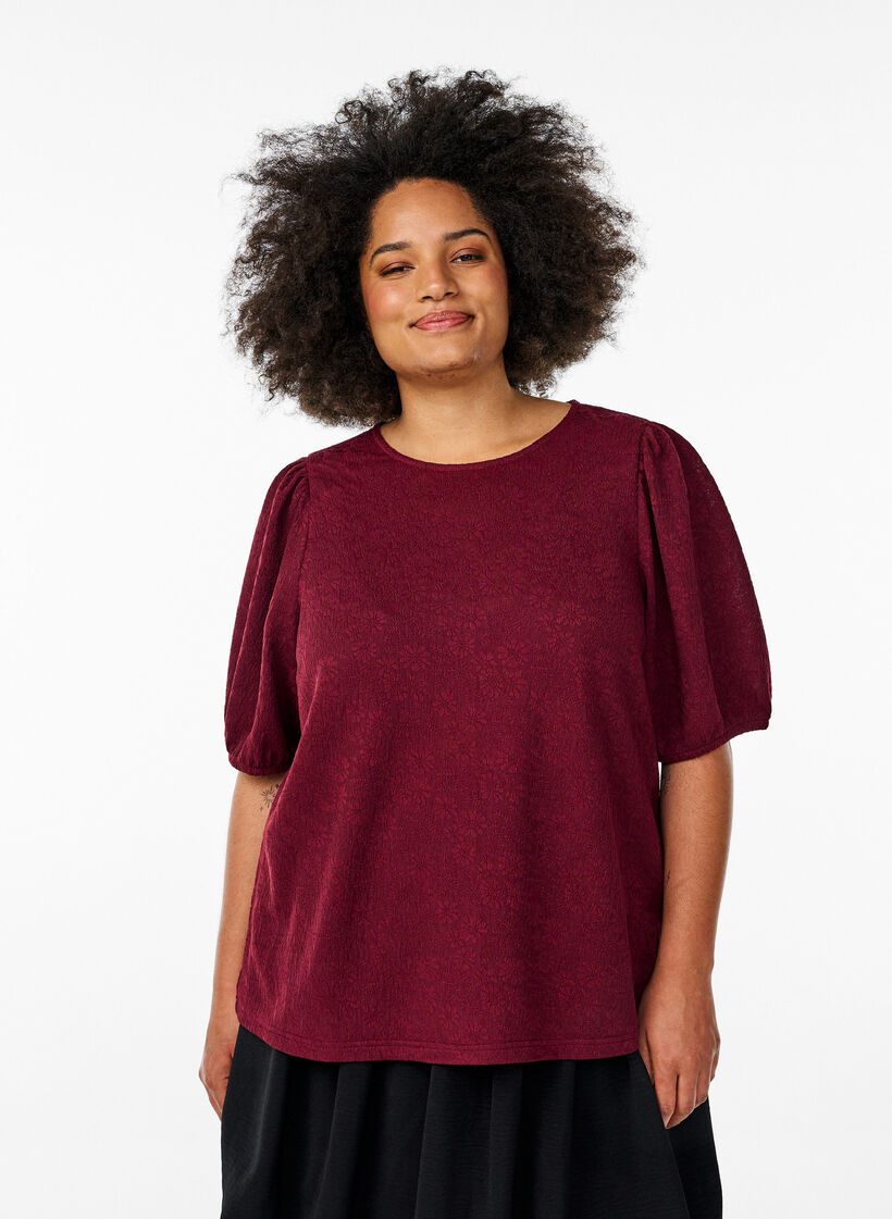 Bluse med struktur og korte &aelig;rmer, M&oslash;rk Bordeaux, Model image number 0
