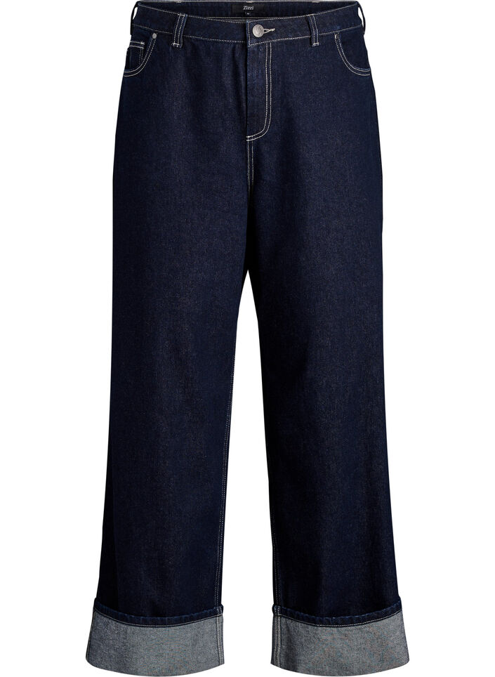Wide fit jeans med brede opsm&oslash;g og kontraststikninger, Bl&aring;, Packshot image number 0