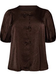Satinbluse med sl&oslash;jfer og albuelange &aelig;rmer, Brun