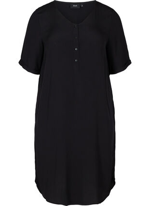 Kortærmet viskose kjole med knapper, Black, Packshot image number 0