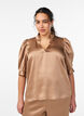 Bluse i satin-look med 1/2 &aelig;rmer og fl&aelig;sekrave, Brun, Model image number 0