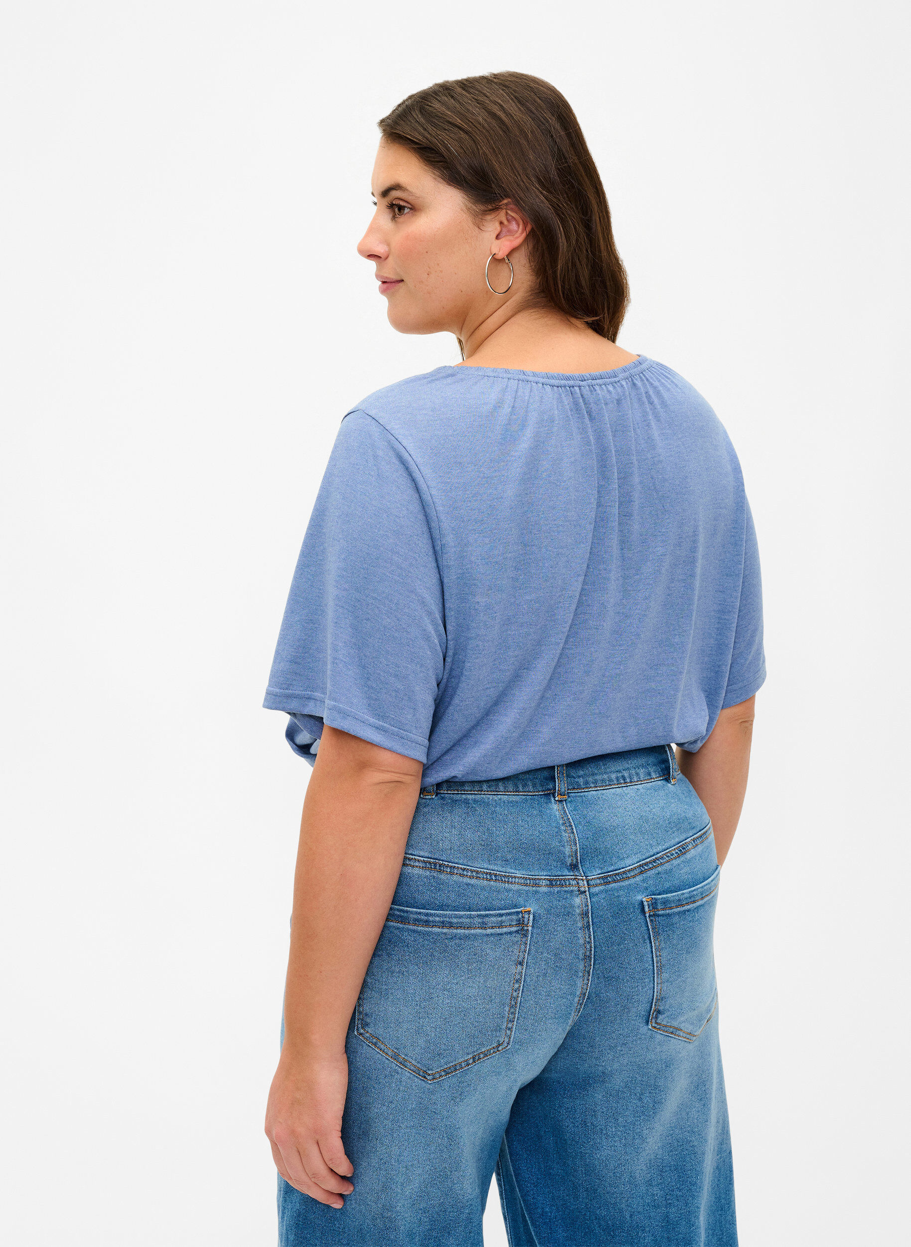 Zizzi Meleret bluse med korte &aelig;rmer, Moonlight Blue Mel., Model image number 1