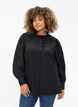 Skjortebluse i viskose med flæser, Black, Model image number 0