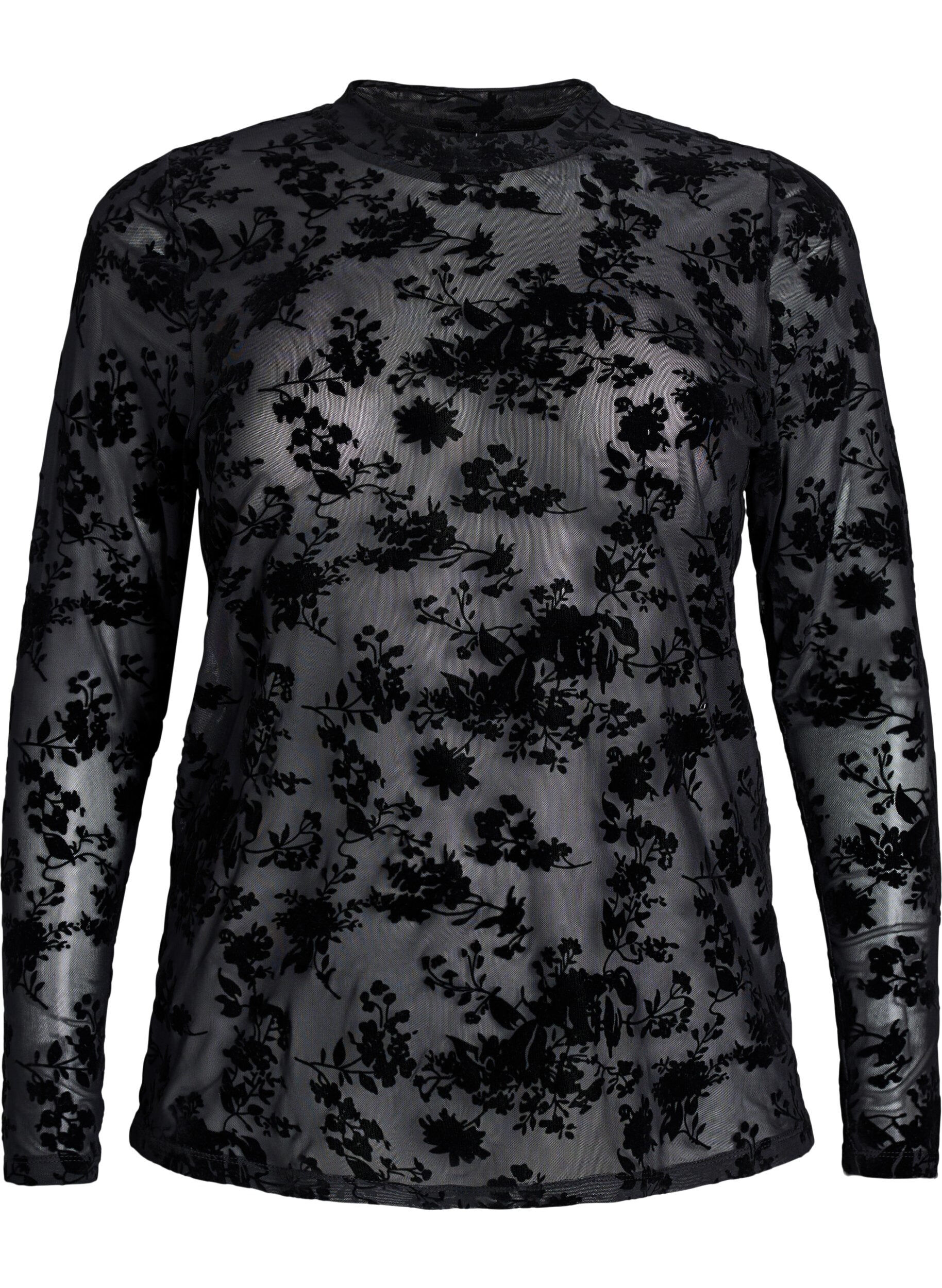 ZizziMeshbluse med blomsterm&oslash;nster, Sort, Packshot image number 0