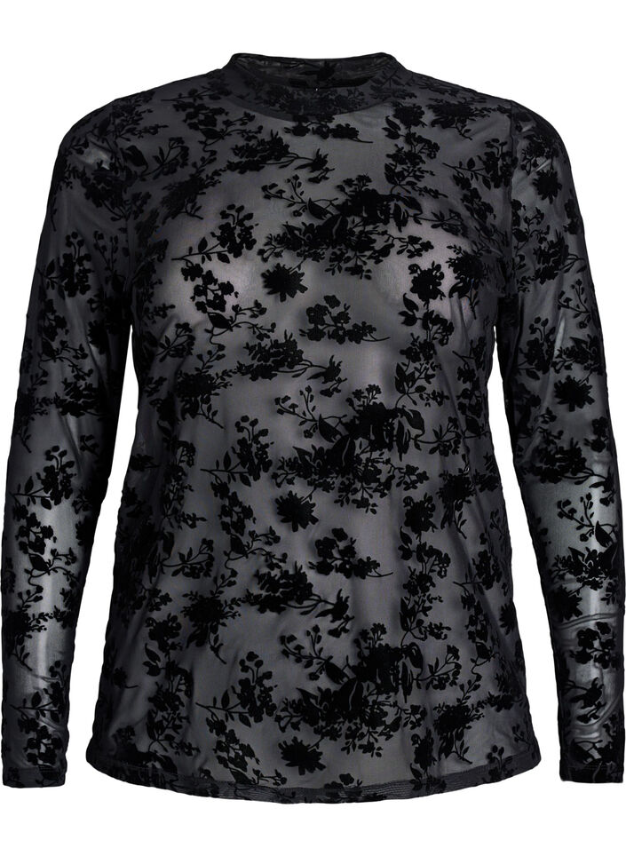 Meshbluse med blomsterm&oslash;nster, Sort, Packshot image number 0