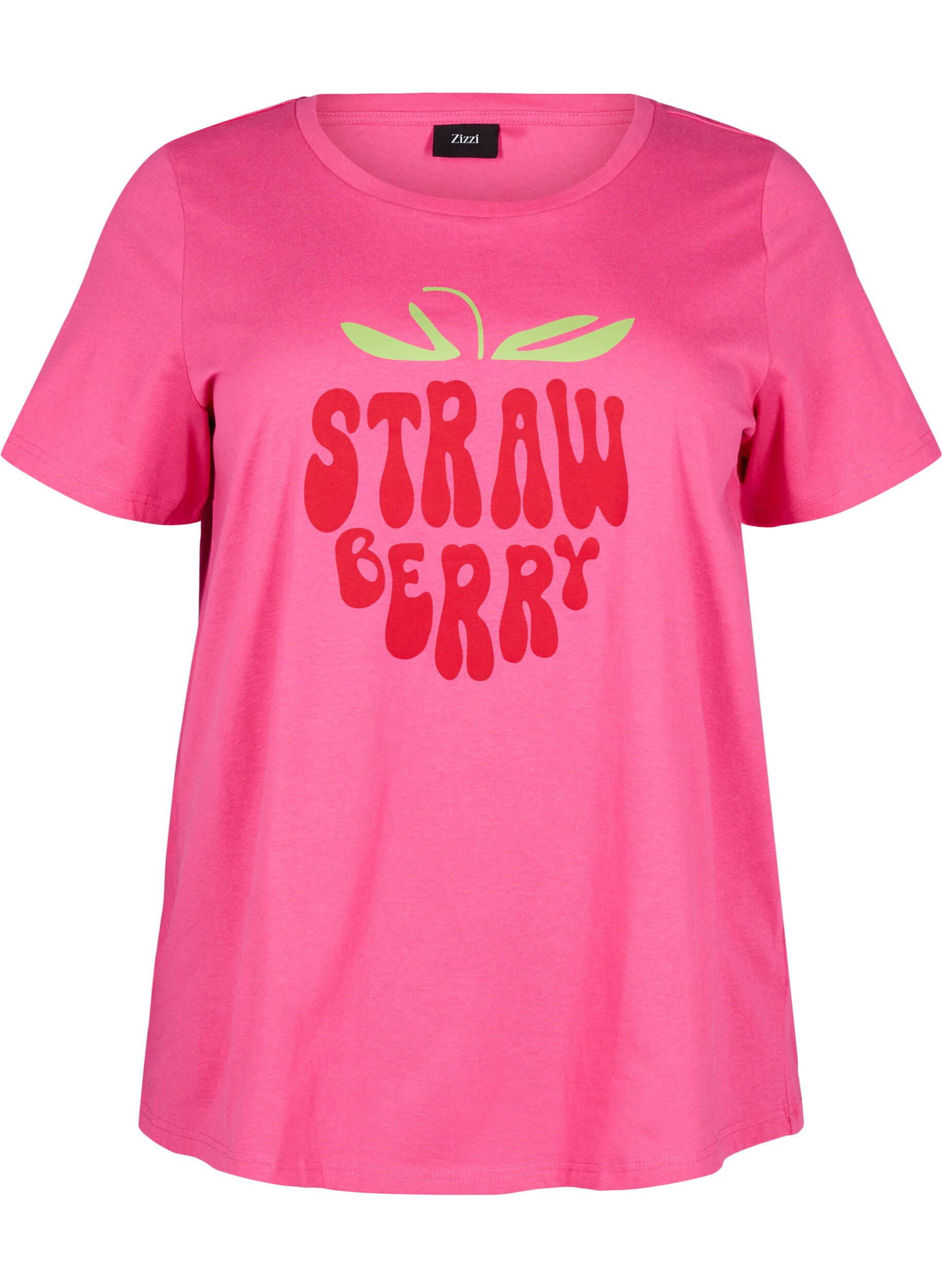 Zizzi Bomulds t-shirt med motiv, Raspb. w. Strawberry, Packshot image number 0