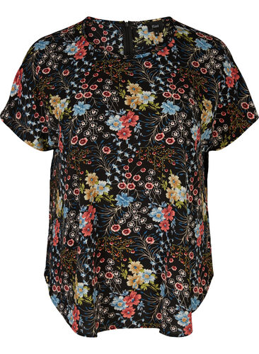 Bluse med korte ærmer, Black flower aop, Packshot image number 0
