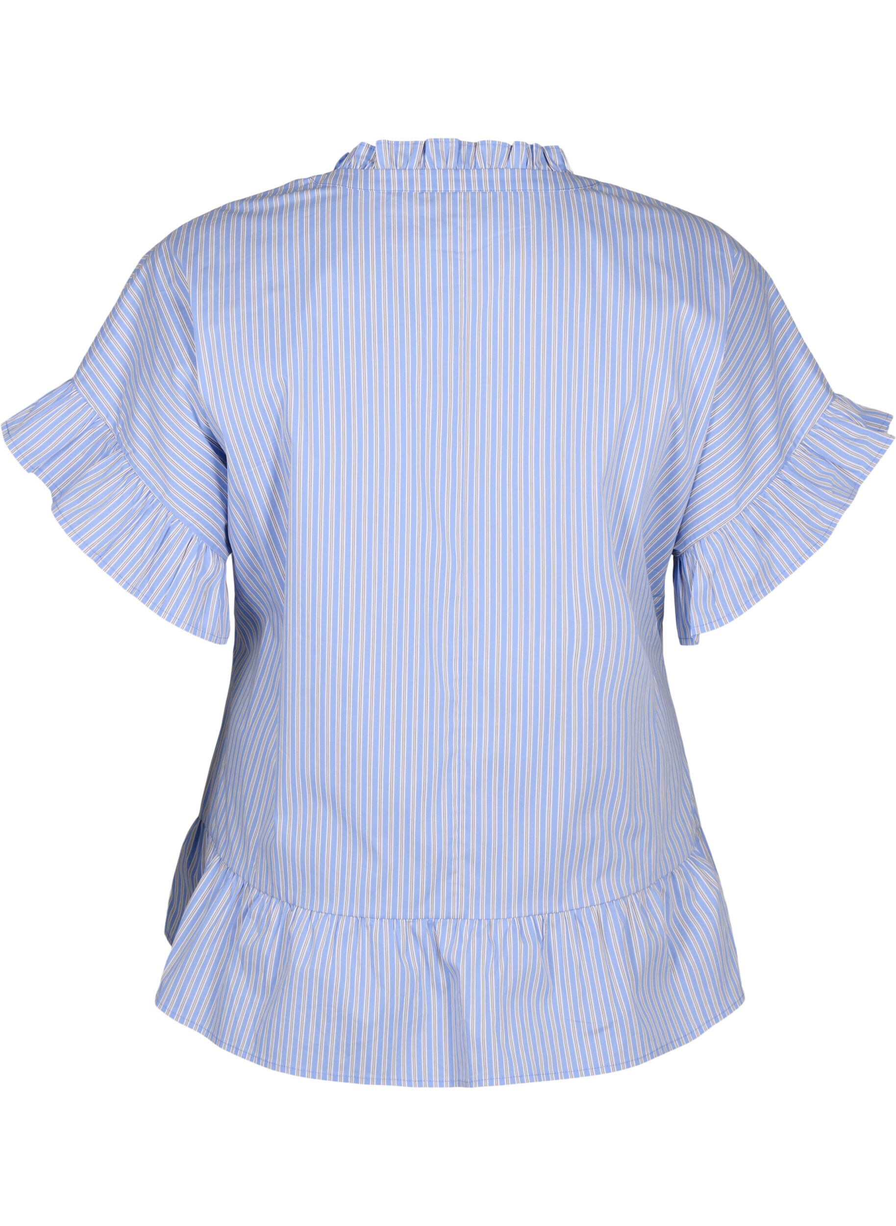 Zizzi Stribet bluse med peplum og fl&aelig;sedetaljer, Blue Stripe, Packshot image number 1