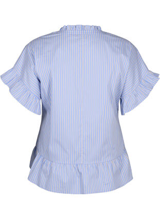 Stribet bluse med peplum og flæsedetaljer, Blue Stripe, Packshot image number 1