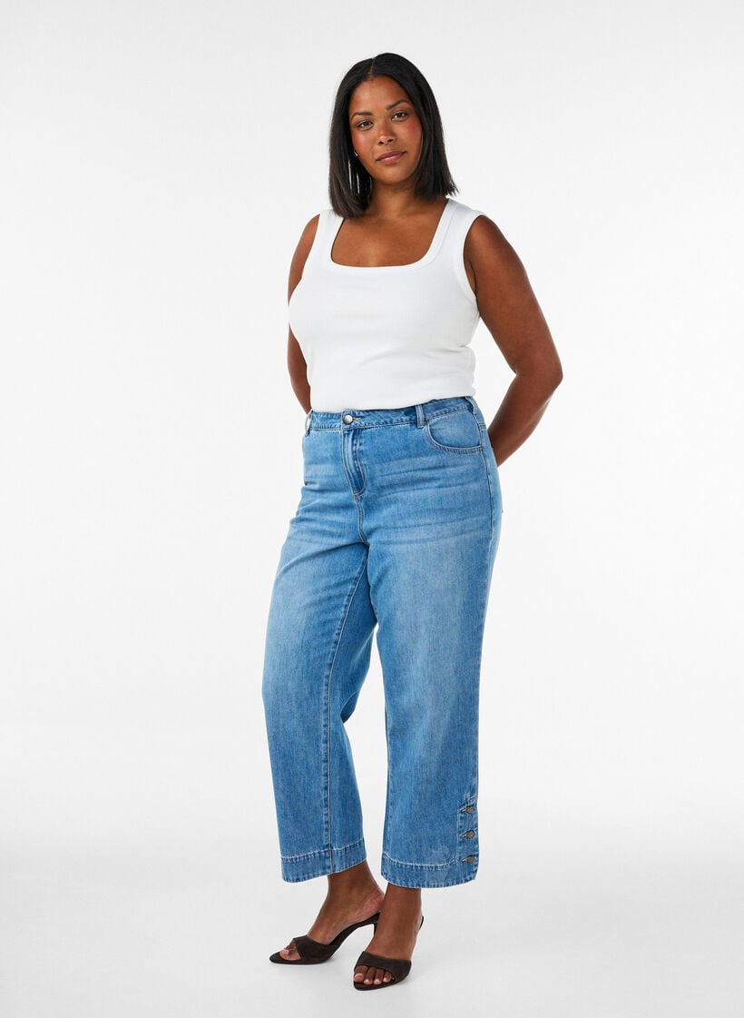 Cropped Kiana jeans med straight fit og knapdetaljer, Bl&aring;, Model image number 0
