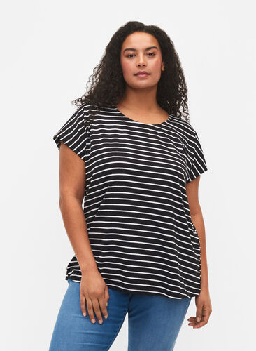 Bomulds t-shirt med striber, Black W. Stripe, Model image number 0