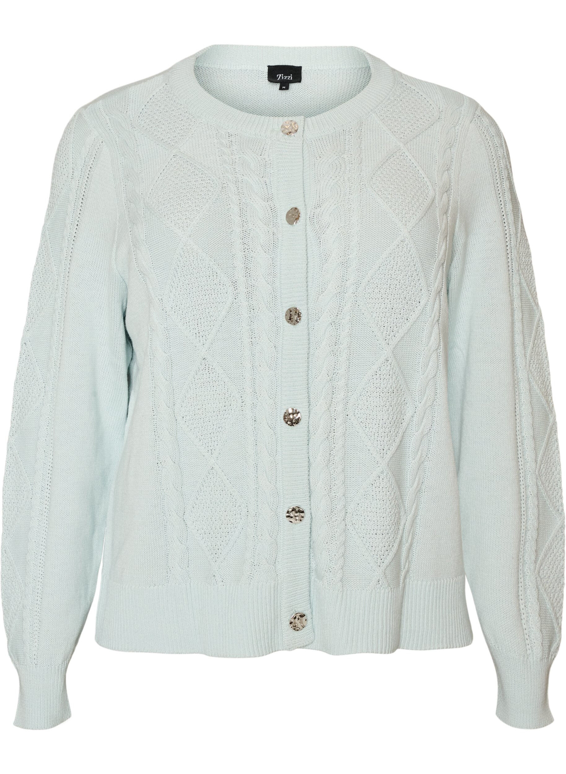 ZizziKabelstrikket cardigan med dekorative knapper, Bl&aring;, Packshot image number 0