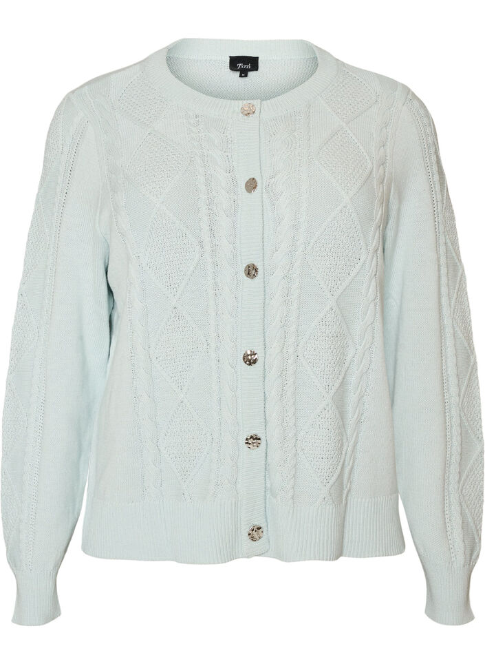 Kabelstrikket cardigan med dekorative knapper, Bl&aring;, Packshot image number 0