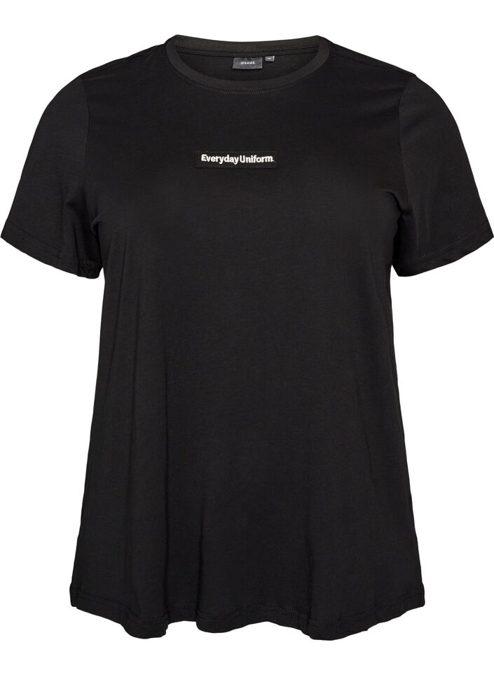 T-shirt i bomuld med tekstbadge, Sort, Packshot image number 0
