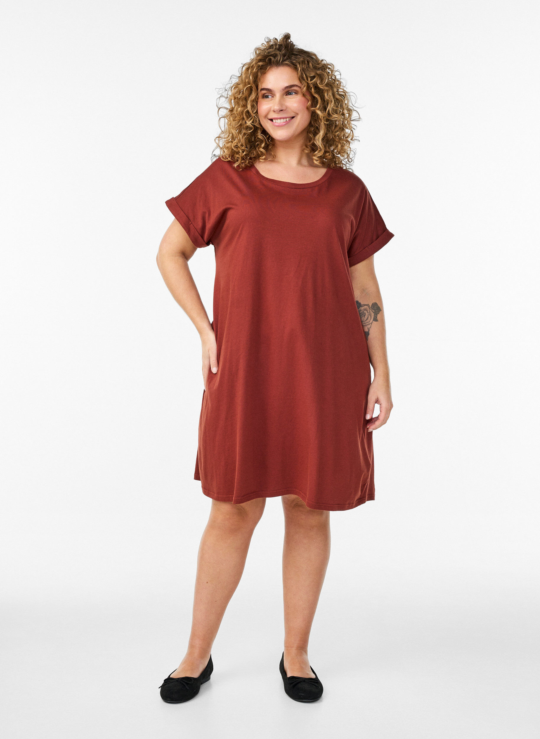 Zizzi 2-pak t-shirt kjole med korte &aelig;rmer, Orange, Model image number 1