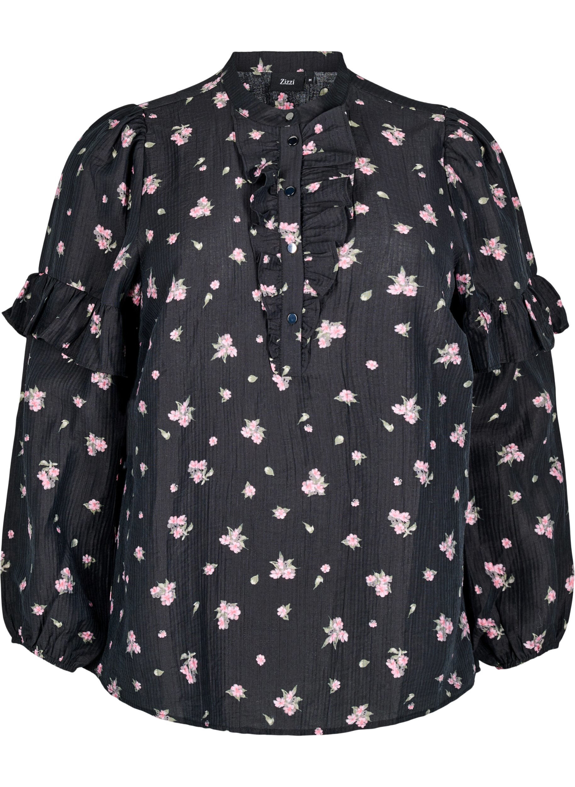 Zizzi Blomsteret bluse i lyocell, Sort, Packshot image number 0