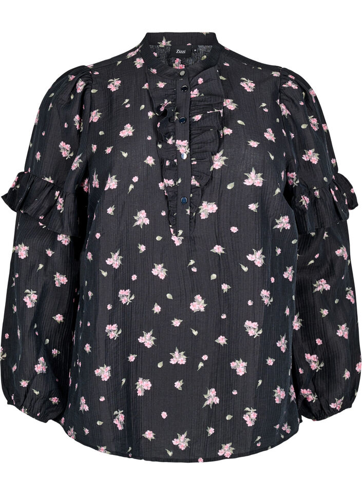 Blomsteret bluse i lyocell, Sort, Packshot image number 0