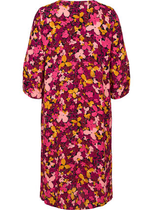 Blomstret viskose kjole med 3/4 ærmer , Hot Pink Flower, Packshot image number 1