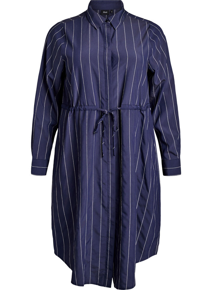 Lang skjorte med n&aring;lestriber og bindeb&aelig;lte, Bl&aring;, Packshot image number 0