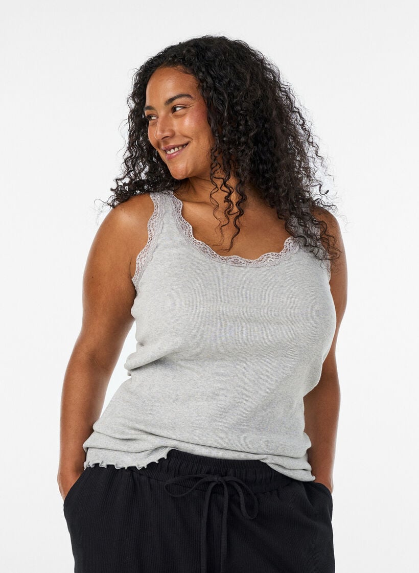 Ribtop med blondekant, Gr&aring;, Model image number 0