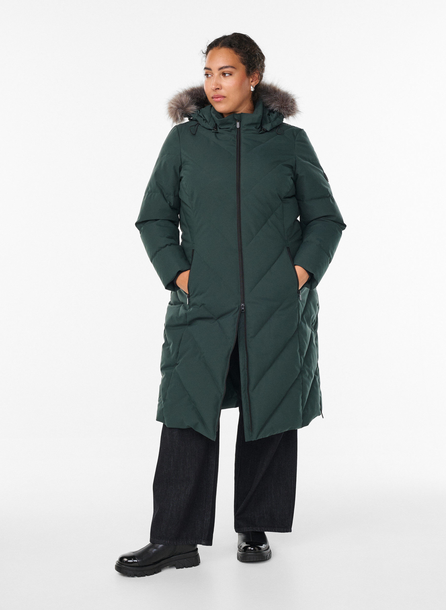 ZizziLang vinterjakke med h&aelig;tte og imiteret pelskrave, Gr&oslash;n, Model image number 1