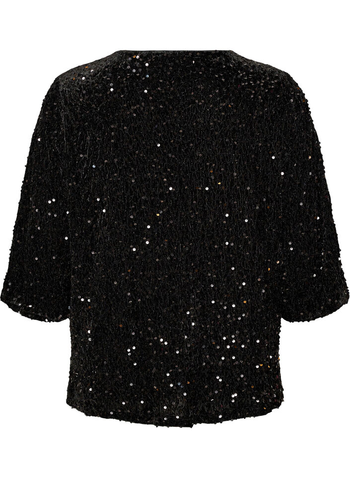 Cardigan med pailletter og 3/4-&aelig;rmer, Sort, Packshot image number 1