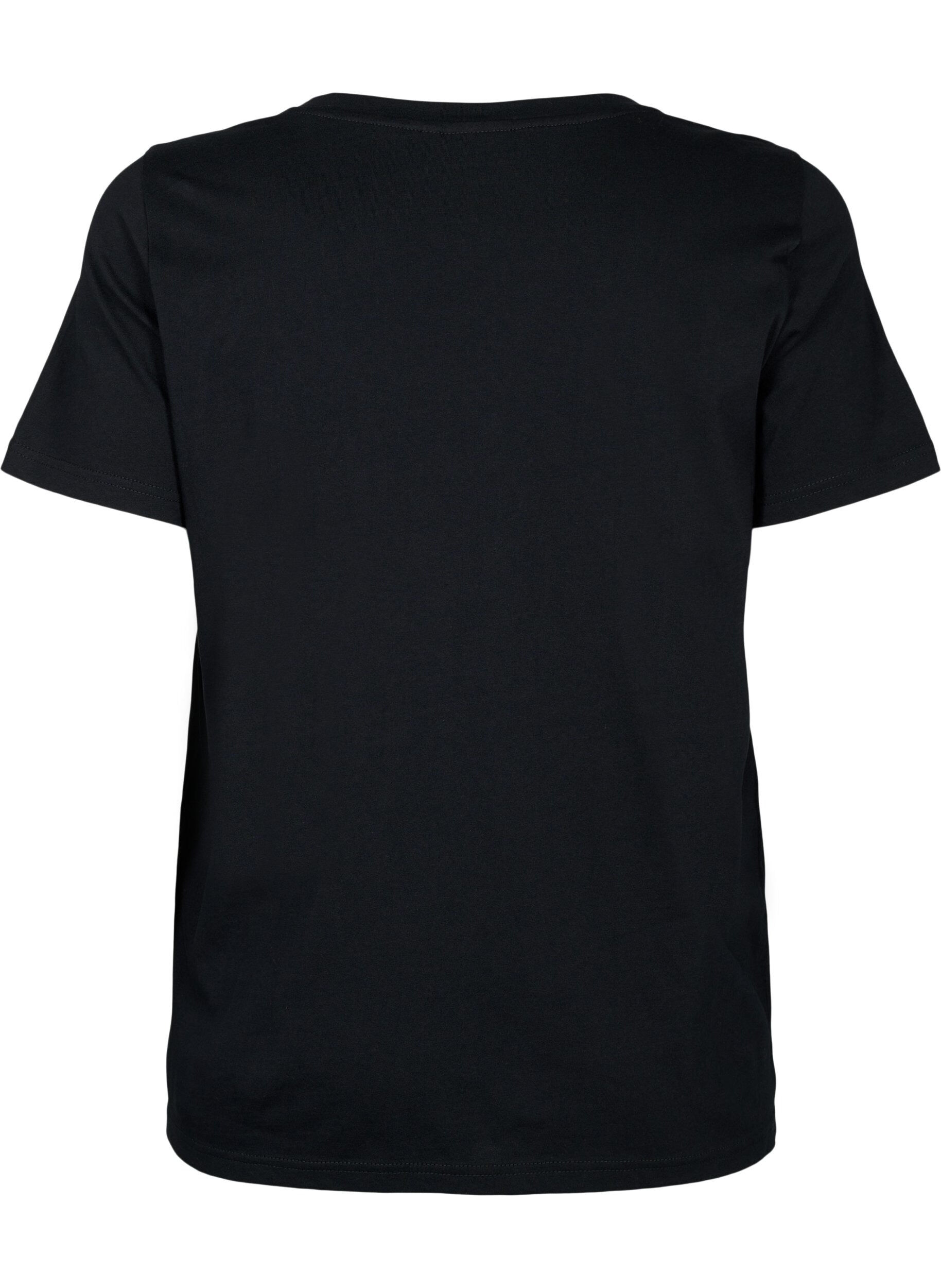 Zizzi Bomulds t-shirt med pailletter, Black W. Be free, Packshot image number 1