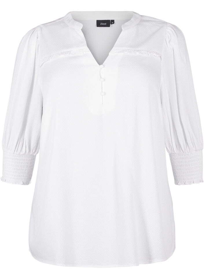 Viskosebluse med smock og flæsedetalje, Bright White, Packshot image number 0